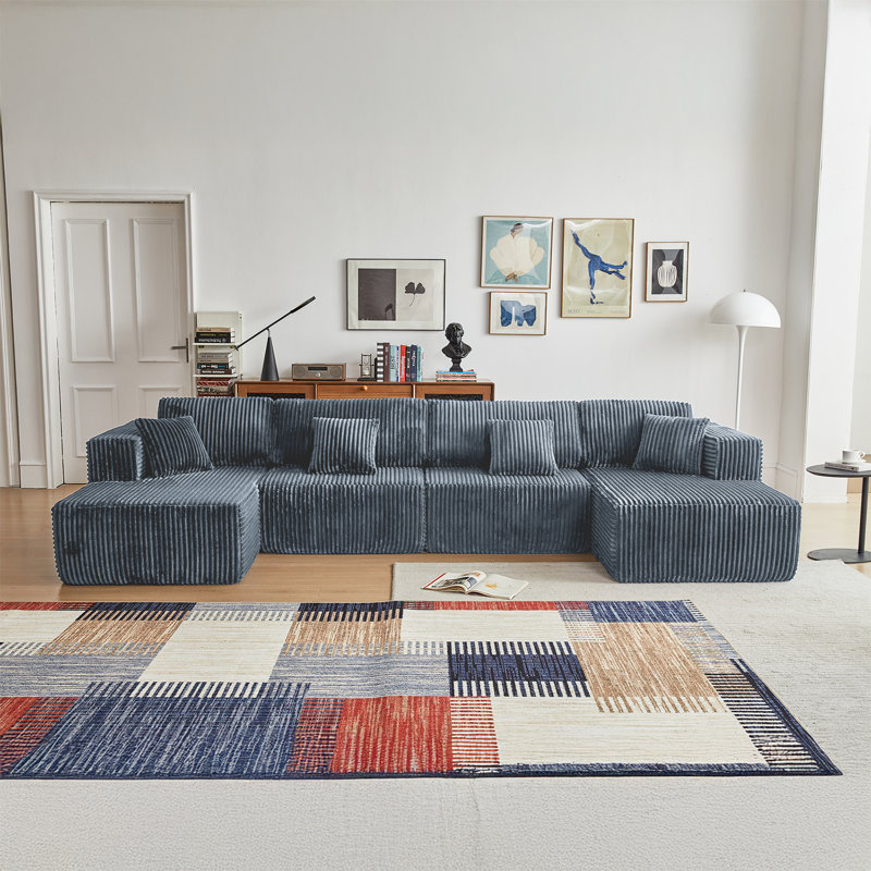 Flannelette 4-seater American Style U-shaped Compressed Sofa, Grey