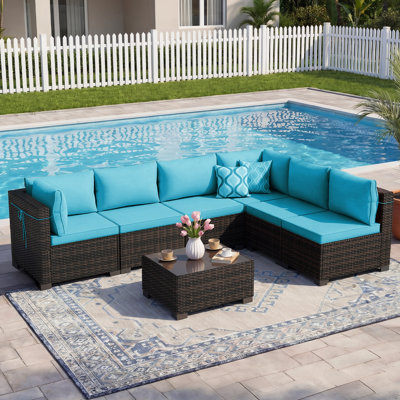 7-Piece Patio Conversation Sets, Outdoor Rattan Wicker Sectional Sofa with Tea Table & Cushions