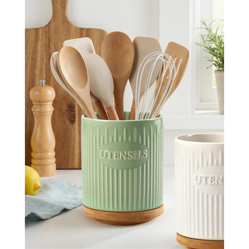 Porte-ustensiles de cuisine pivotant sur 360 °, grand porte-ustensiles de cuisine en céramique 7,6 po pour comptoir avec base en bambou rotatif, pot à ustensiles de cuisine stable, vert