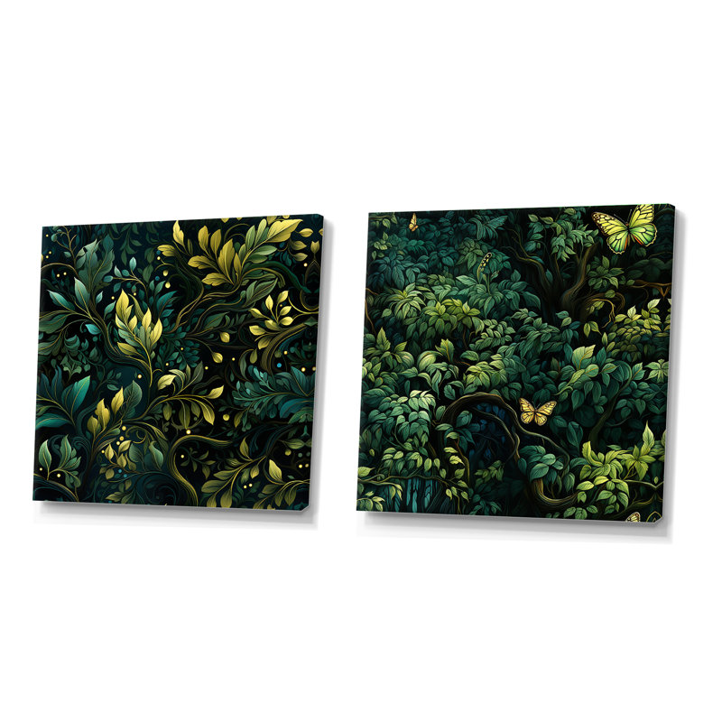 Hanshew - Ensemble de 2 collages carrés botaniques abstraits, H 16 po x l 33 po, Toile tendue