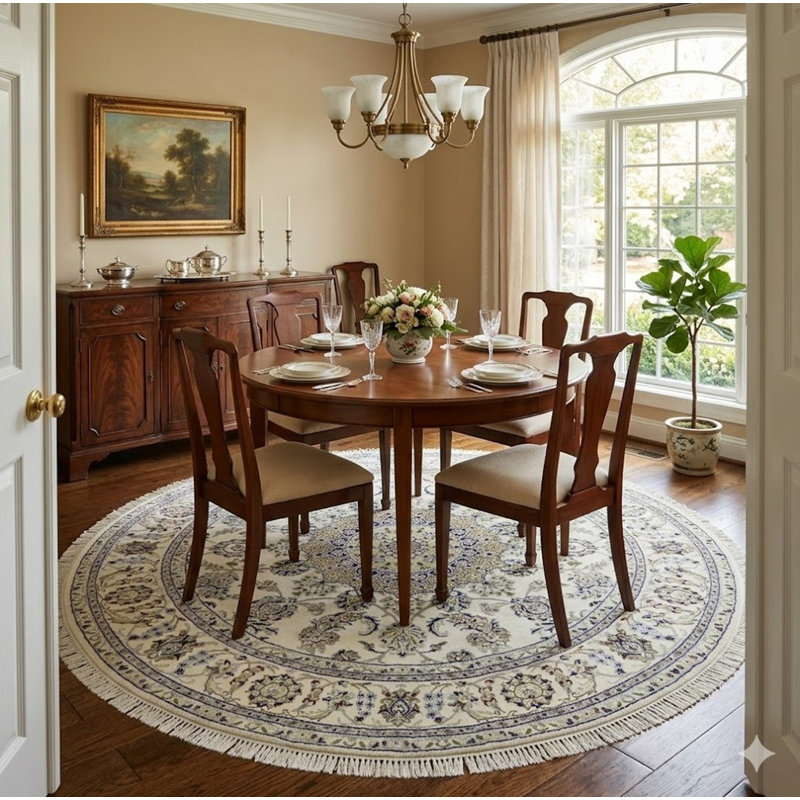 Cream Traditional 6X6 Indo-Nain Oriental Round Rug