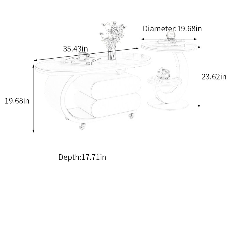 Table basse Rock Slab avec rangement, Blanc / Gris, H 19,68 po x L 35,43 po x l 17,71 po, Noir