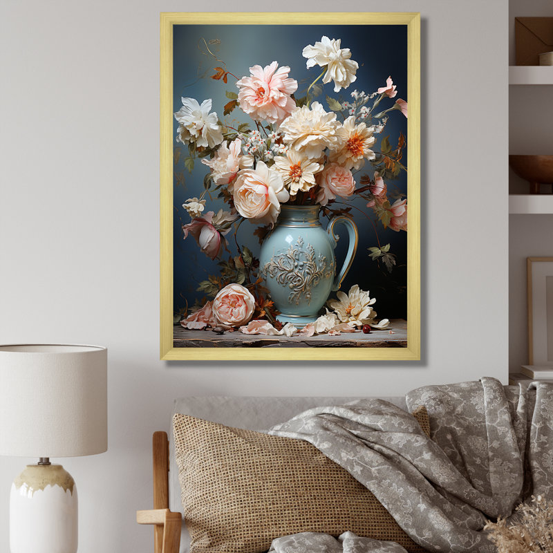 Décoration florale rose rococo raffinée - poterie bohème, Cadre doré simple, H 40 po x l 30 po x P 1,5 po