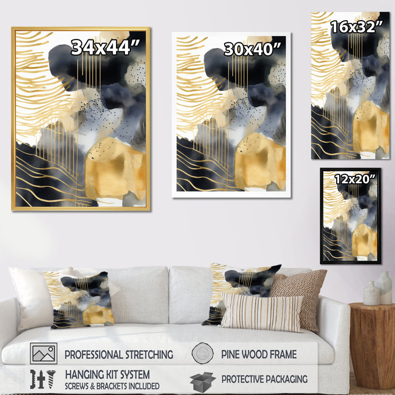 Abstrait pastel avec taches bleues noires et dorées - imprimé, H 20 po x l 12 po x P 1 po, Toile tendue