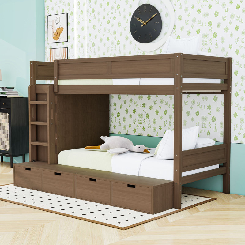 Lit superposé simple en bois avec 4 tiroirs et garde-robe, Brown
