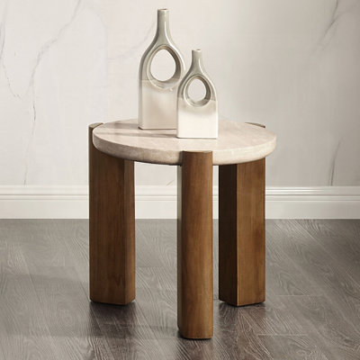 22.4" W END TABLE, TRAVERTINE TOP & DARK OAK