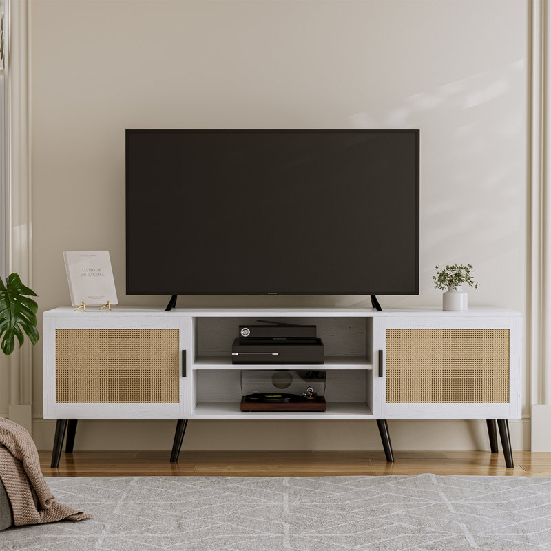 Tv Stand For Tvs Up To 65'', Entertainment Center With Rattan Door, Shelves & 2 Cabinets, Boho Media Tv Console For Living Room, Bedroom, Black