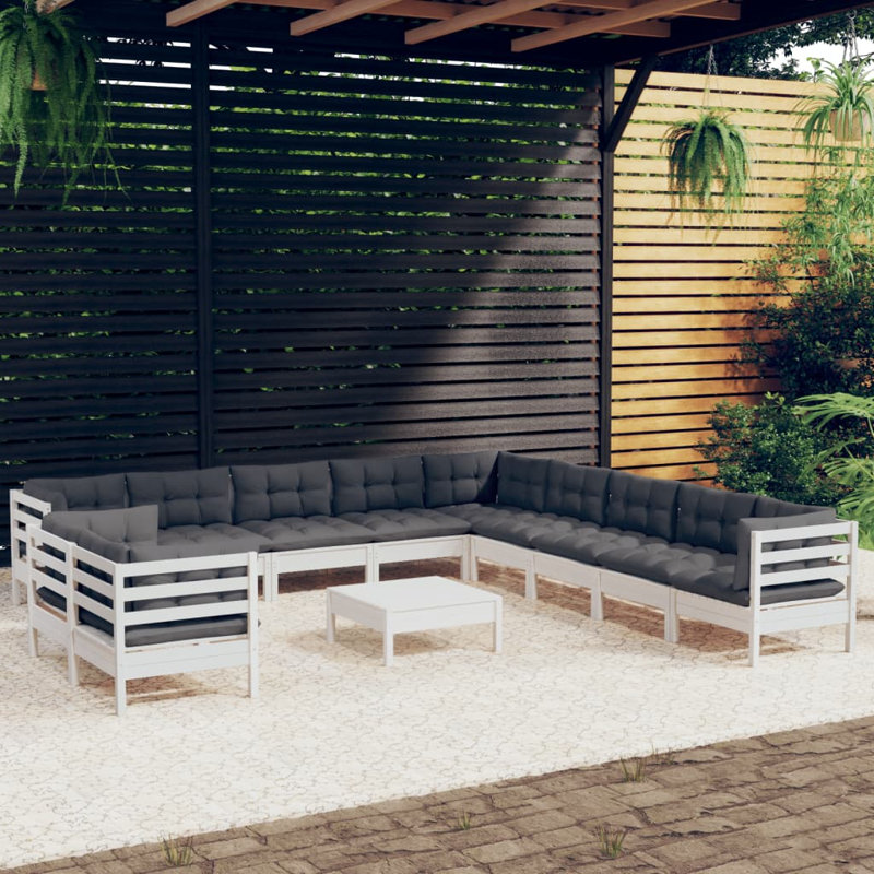 Ensemble de conversation modulaire en bois de pin massif avec coussins Koalton, 12 Pcs: Table, 11 Chairs, Gris, Gris