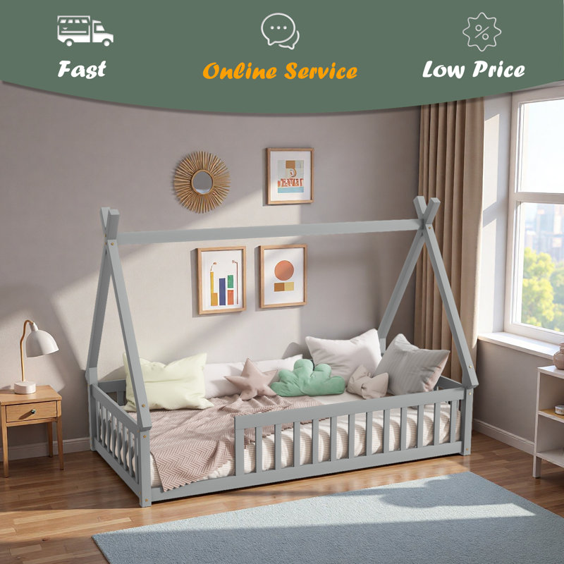 Tent-Shaped Floor Bed,Teepee Bed With Guardrails,Slats, Gray