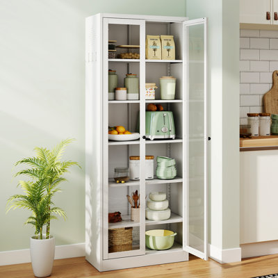 Makeace Metal Kitchen Pantry Cabinet - 72" Tall Glass Door Storage with 5 Adjustable Shelves, White Freestanding Cabinet for Kitchen/Pantry/Bathroom/laundry room