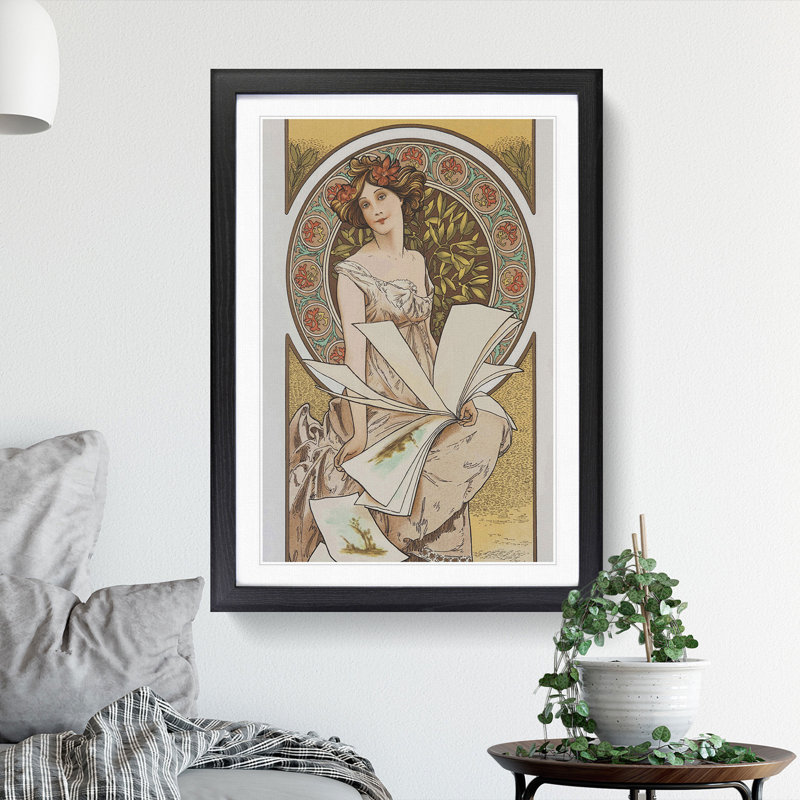 Chamenois Caldenar by Alphonse Mucha - Picture Frame Painting, 36cm H x 27cm W x 2cm D, Black Framed