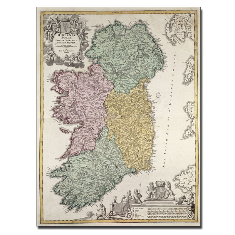 "map of ireland 1730" par johann b. homann, impression sur toile tendue, H 24 po x l 18 po x P 2 po