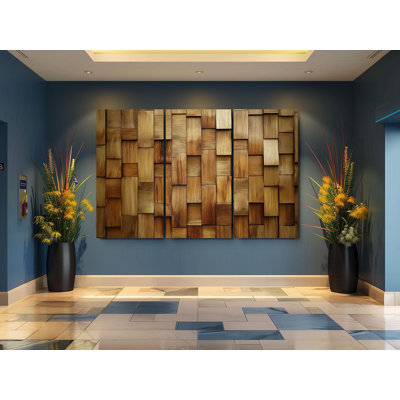 Wood Mosaic Wall Art Rustic Triptych Canvas, Handcrafted USA (Textured Surface, Natural Wood, Gift for Woodworker)