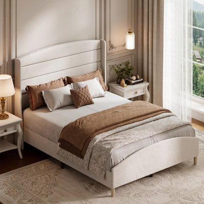 Base de lit grand format, lit plateforme tapissier en lin doux avec tête de lit à oreilles de 51,6 po de hauteur / pied de lit surélevé, pieds / lattes en bois robustes, silencieux, sans sommier tapissier, crème