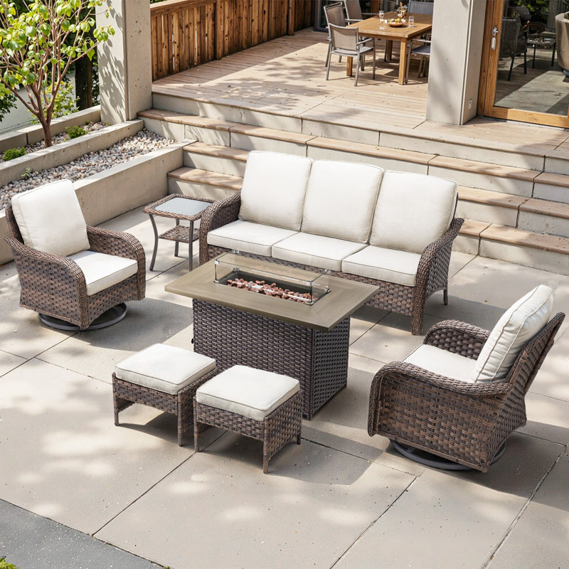Gustave Wicker Patio Furniture Sofa Set With 55000 BTU Fire Pit Table, 360° Swivel Chairs, Beige