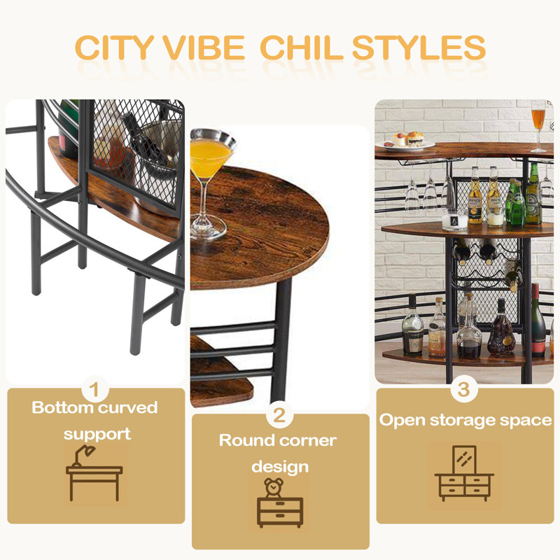 Table de bar ovale avec comptoir en bois et rangement pour bouteilles de vin