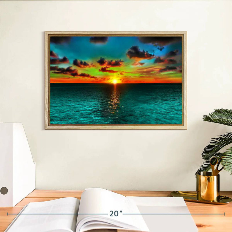 Coucher de soleil et océan, Cadre flottant en bois naturel, 13 po x 9 po