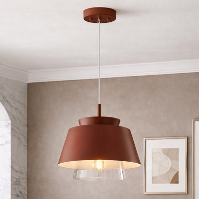 Hasting 1-Light Copper Red Metal Shade Pendant, Plug-In Swag Light, 11.5 in. Wide, Clear Glass Shade