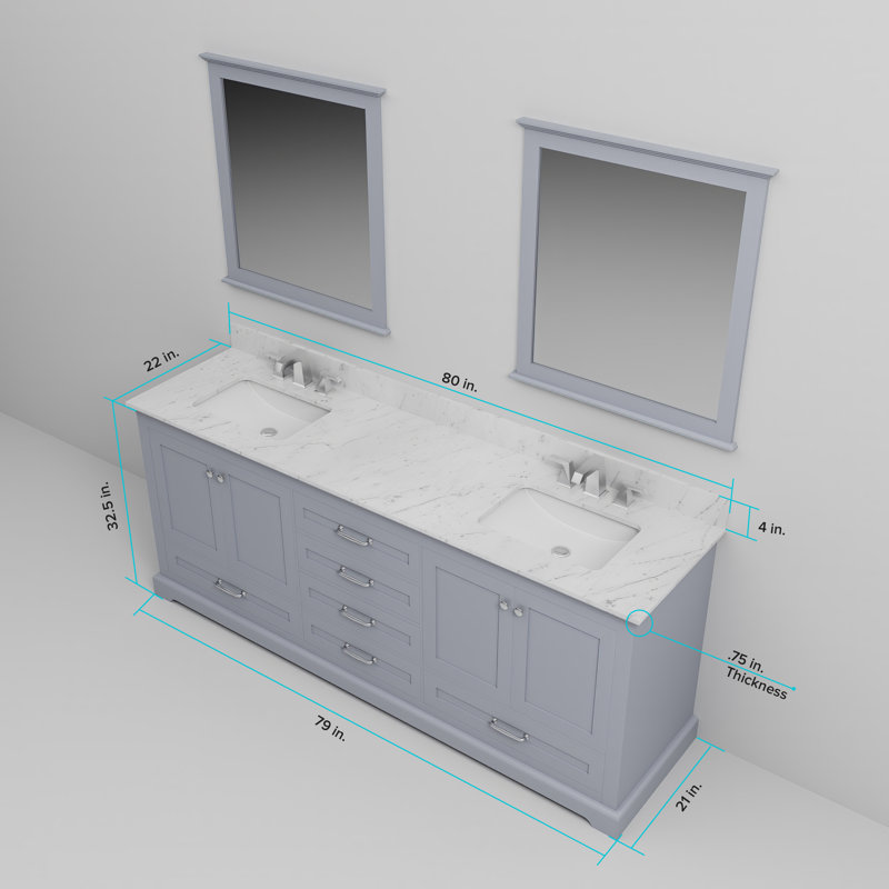 Dukes 80"  Double Vanity, Square Sinks And 30" Mirrors W/ Faucets, Dark Gray, White Carrara Marble