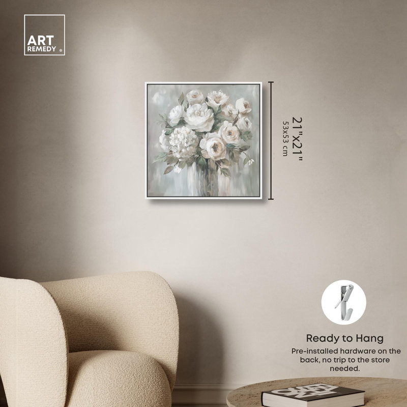 Art floral blanc par Art Remedy, H 21 po x l 21 po x P 1,8 po, Cadre flottant blanc
