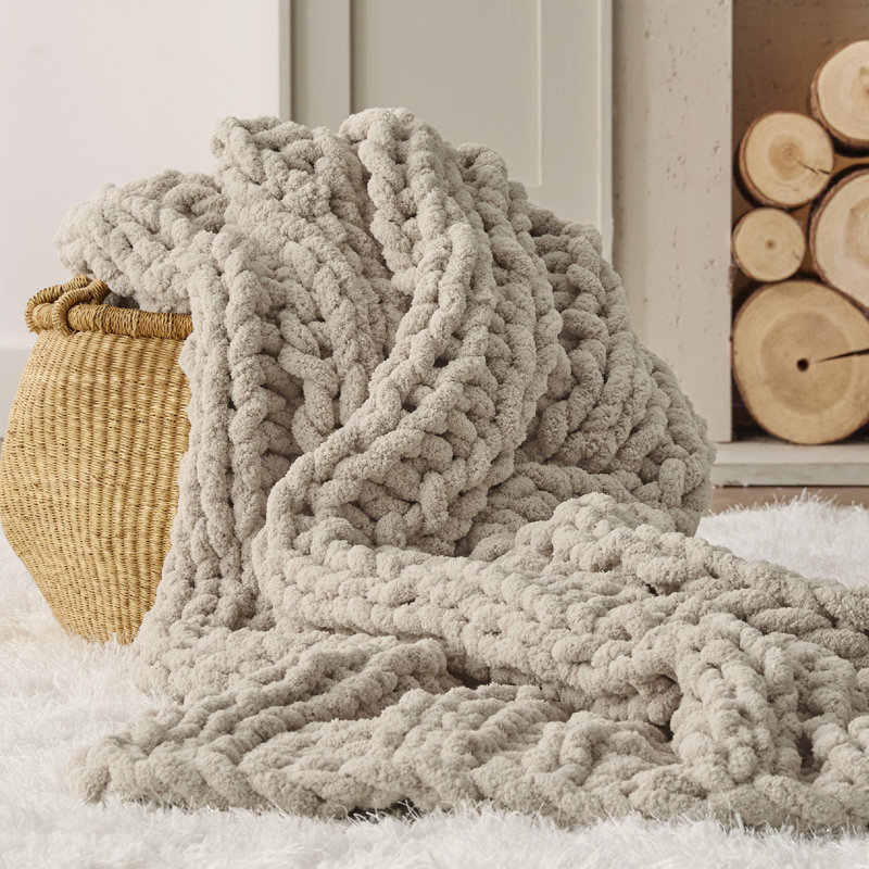 Bedsure Hand-Knit Chenille Chunky Throw Blanket, Linen Beige