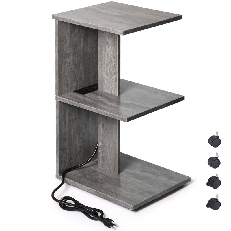 End Table with Build In USB Ports and Outlets, Narrow Nightstand for Small Spaces, Grey