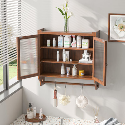 24.8"Glass Door Double Door Wall Cabinet With Three Tiers Of Storage With Towel Rack, For Bathroom, Kitchen,Dining Room,Brown