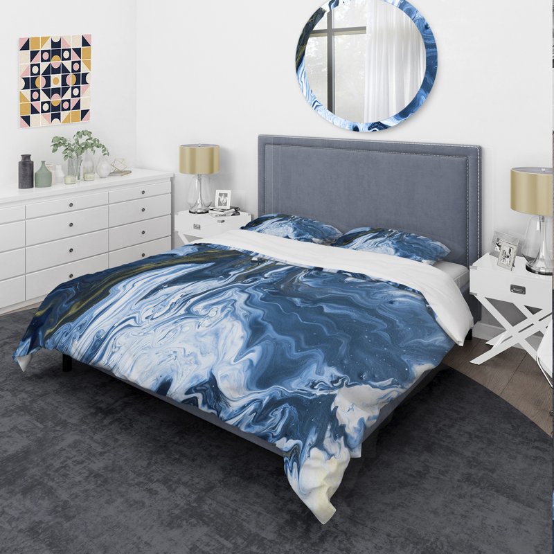 Ensemble de housse de couette moderne et contemporain - acrylique blanc, gris et marbre blanc III, Bleu/blanc