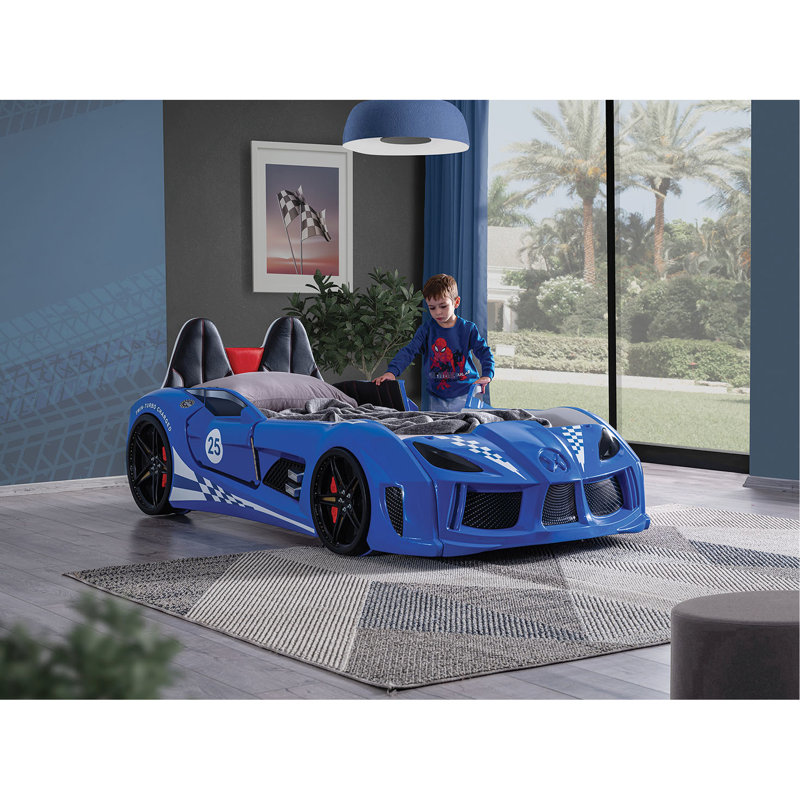 Lit de voiture de course bleu simple avec tête de lit et côtés rembourrés, portes magnétiques, lumières DEL intégrées, finition à 4 options de son, conception novatrice, lumières d'ouverture sur roues, tête de lit latérale, télécommande