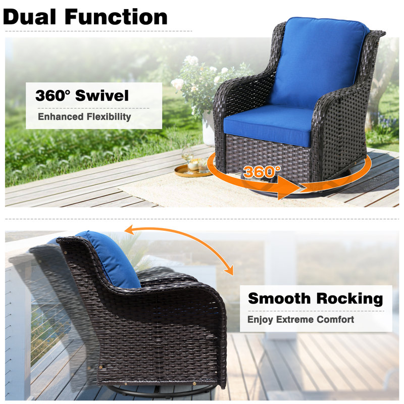 Guilen Wicker/Rattan 7- Person Seating Group With Swivel Chairs and Cushions, Brown, Blue