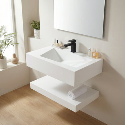 Lavabo de salle de bain flottant moderne en forme de V, lavabo mural en résine avec tablette de rangement à deux niveaux