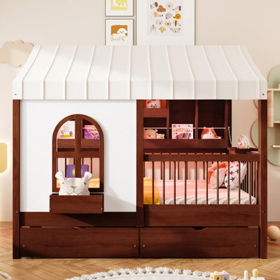 Full Size House Bed with 2 Large Drawers, Side Bookshelf with LED Strip, Espresso