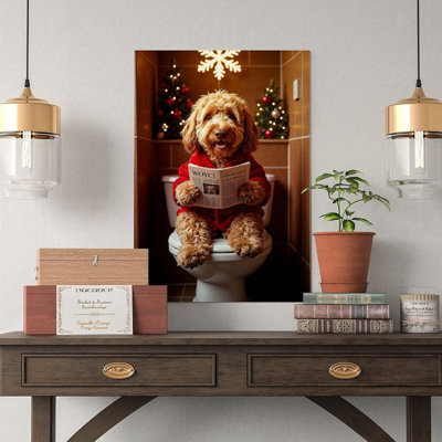Canvas Wall Art Funny Christmas Goldendoodle Bathroom Canvas Print, Dog Newspaper Art-2 Vintage Poster Print Home Decor