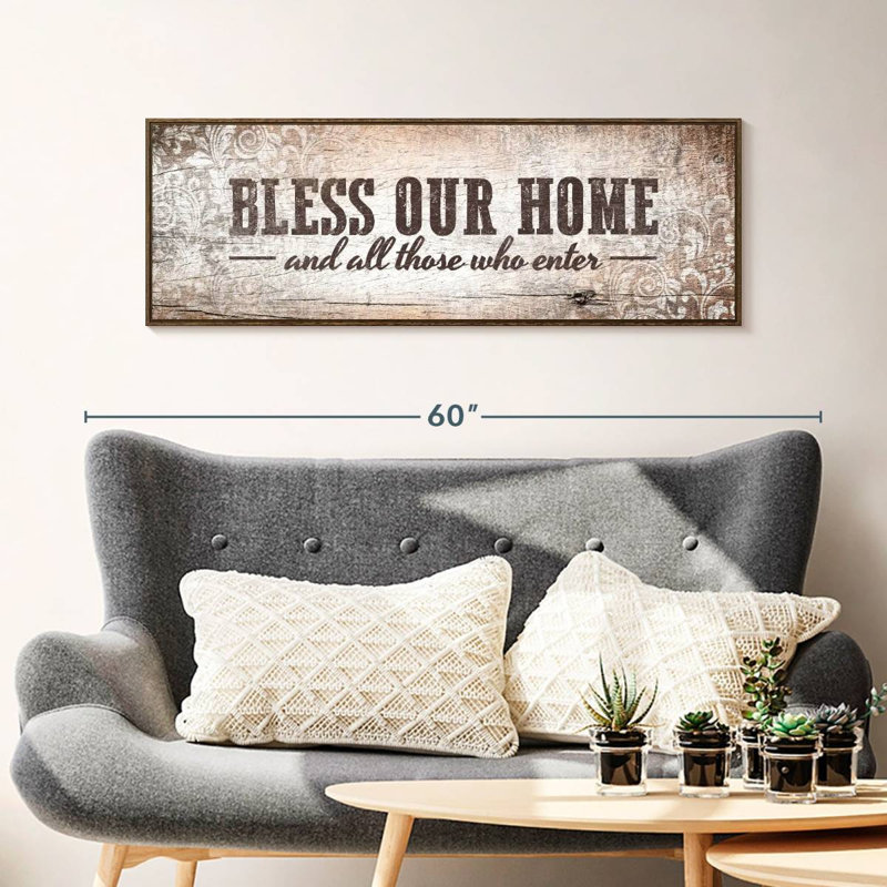 Plaque murale «Bless Our Home», 43 po x 15 po, Cadre flottant noyer