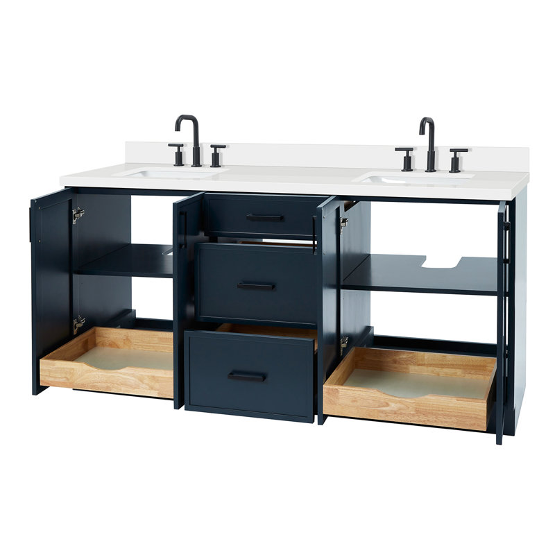 ARIEL Kelly 73 Double Sink Bathroom Vanity with Pure Quartz Top, Midnight Blue, Rectangular, Pure White Quartz