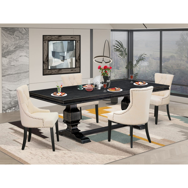 5-piece kitchen set consists of a table and 4 Light Beige Linen Fabric dining chairs & black legs with Button Tufted Back - Sand Blasting Black finish.