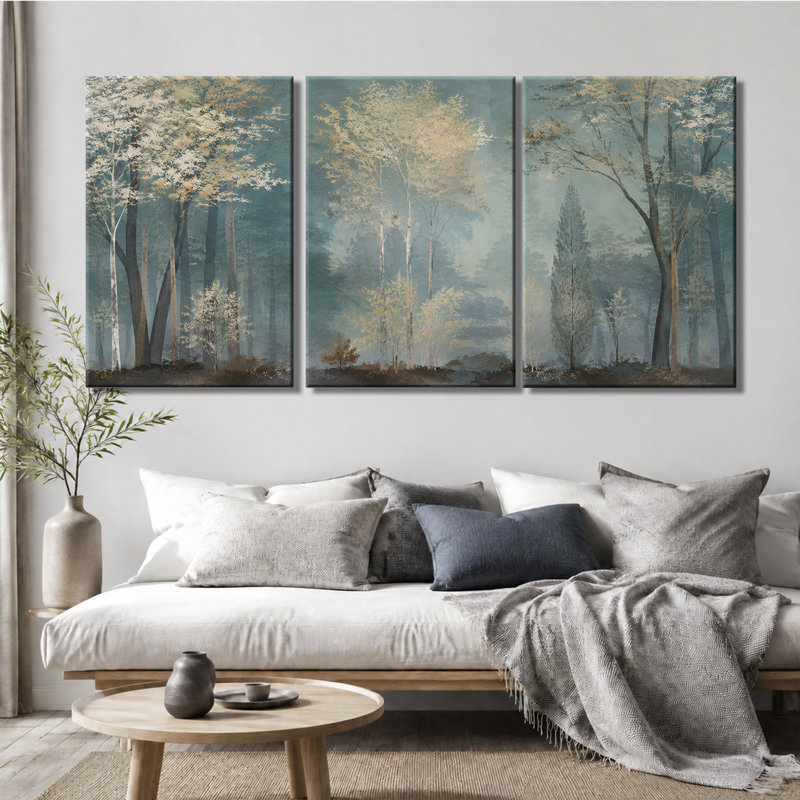 Impression sur toile tendue à 3 panneaux Teal Misty Woodland, 20 * 30 pouces * 3