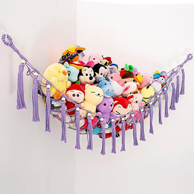 Hamac pour peluches, filet de rangement d'angle en macramé avec perles en bois, organisateur bohème en peluche pour chambre d'enfant, crèche et salle de jeux