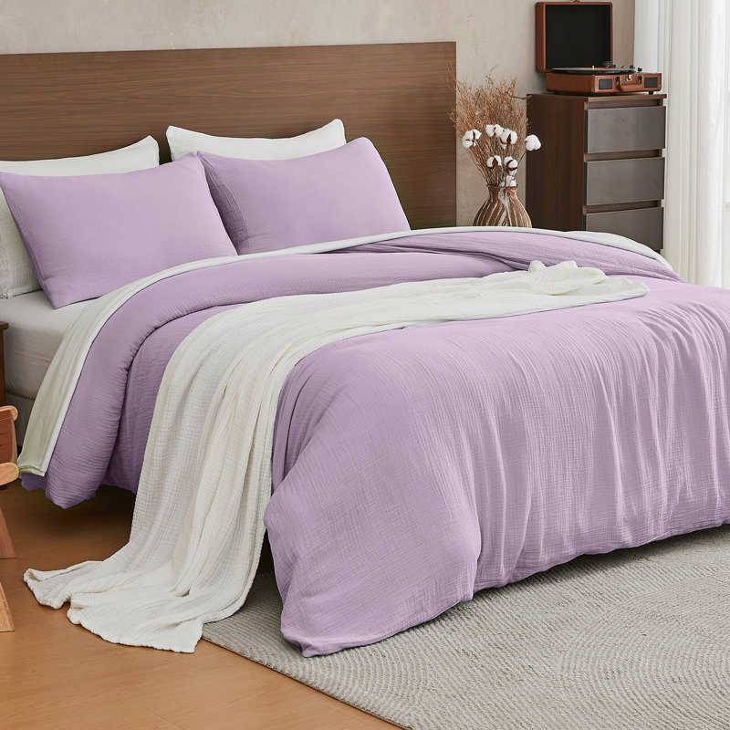 EMME Muslin Cotton Duvet Cover Set Size Soft Breathable Lightweight, Twin Duvet Cover + 1 Standard Sham, Purple