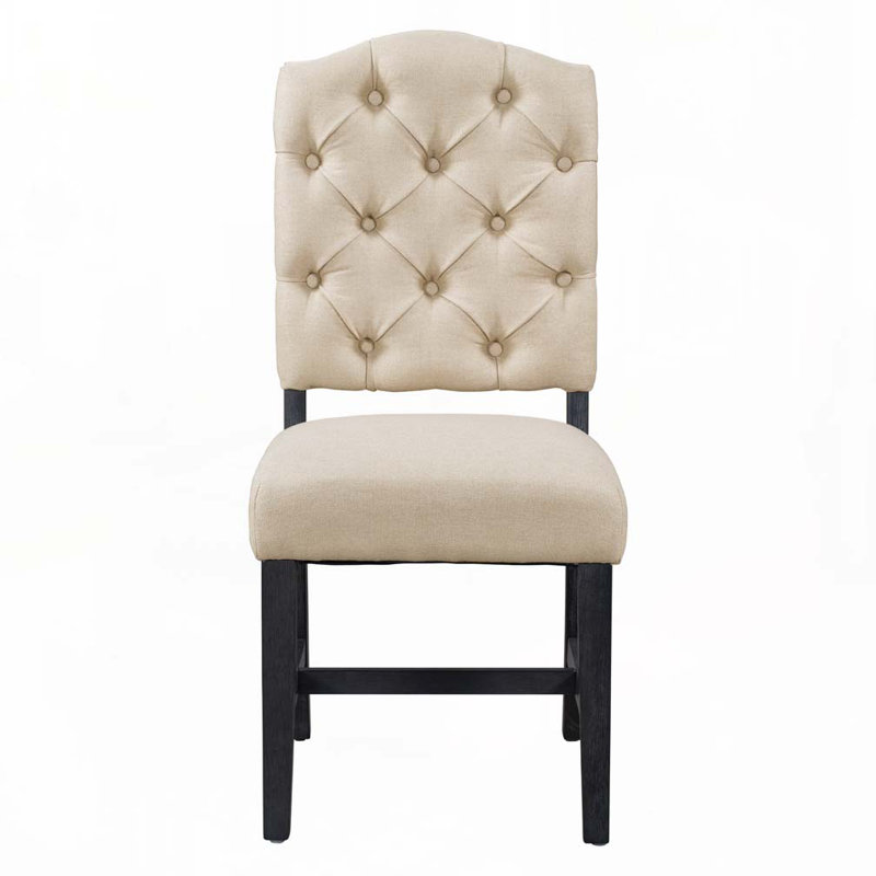 Ensemble de chaises de salle à manger rembourrées en tissu avec dossier capitonné et pieds en bois, Beige clair, Noir