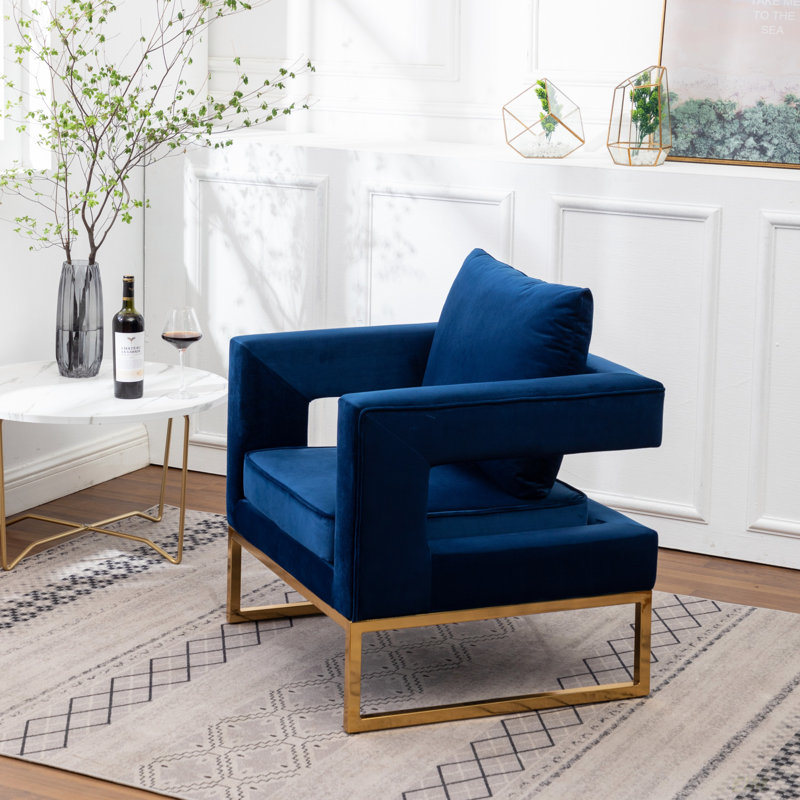 Chaise avec accoudoirs recouverts de tissu d'ameublement, Doré, Bleu