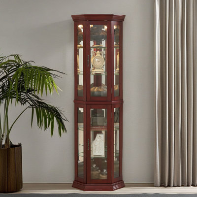 Meuble de coin d'angle, tablettes réglables en verre trempé, dossier en miroir, vitrine, cerisier (ampoule E26 non incluse)