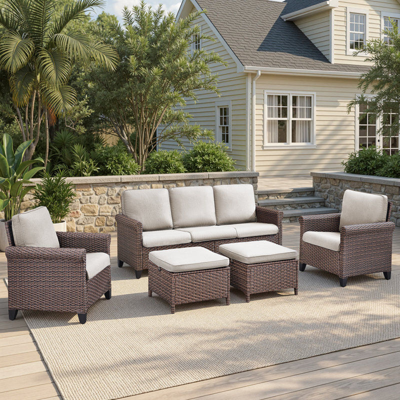 Ensemble de conversation pour canapé d'extérieur en osier 5 pièces avec fauteuils et repose-pieds, Beige