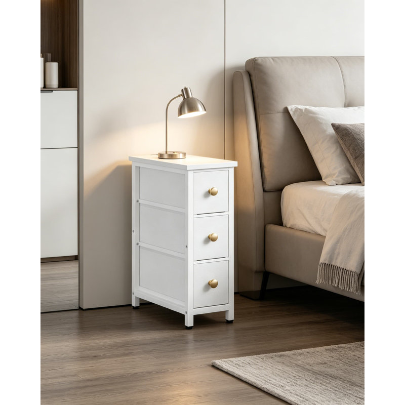 Table d'appoint étroite avec 3 tiroirs en tissu, table de chevet mince industrielle pour petits espaces, chambre à coucher, salon, dortoir, blanc