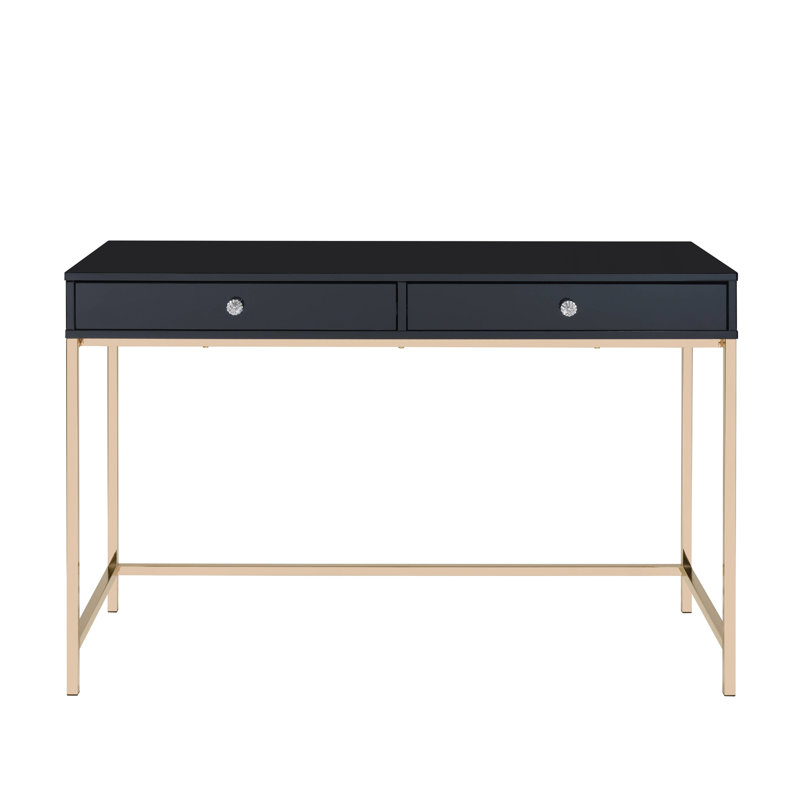 Bureau d'écriture moderne avec 2 rangements en noir brillant et configuration de bureau dorée