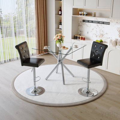 Modern Glass Bar Table And Adjustable Bar Stools Set Of 2, Contemporary Counter Height Pub Table With Chrome Legs, Black Pu Leather Swivel Bar Chairs For Kitchen Island, Home Bar, Small Space