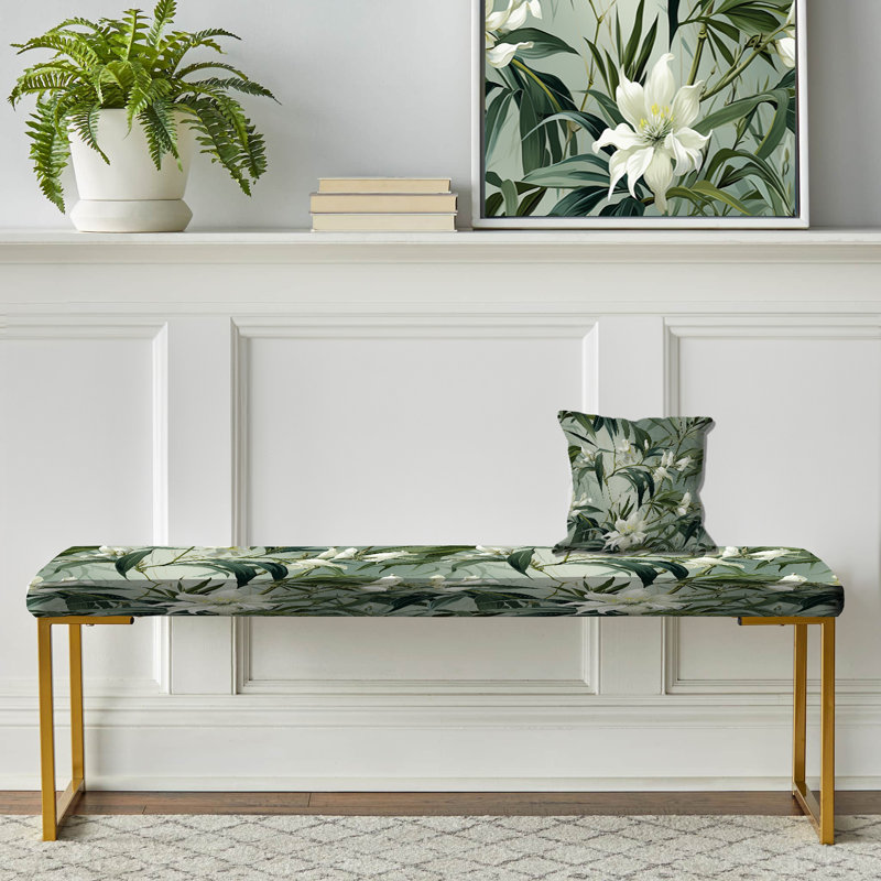 Oriental Upholstered Gold Bench, Bamboo Elegance Tropical
