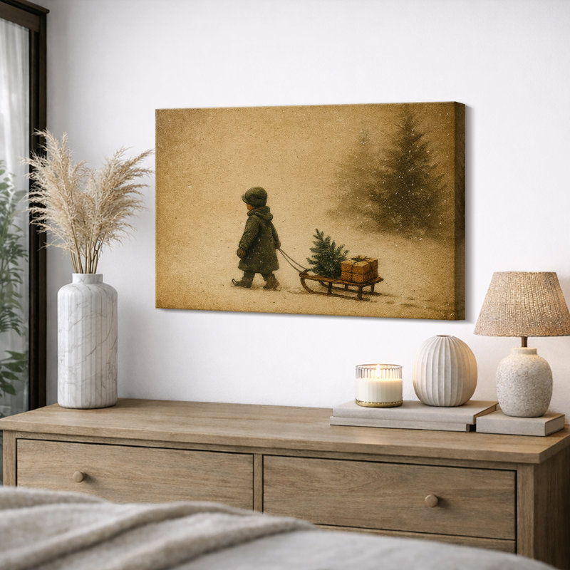 «Vintage Winter Child Pulling sled with Tree Nostalgic Scene», reproduction d'art sur toile encadrée, Toile tendue