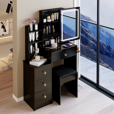 29.2" Small Size Left Bedside Cabinet Vanity Table + Cushioned Stool, 2 AC+2 USB Power Station, Hair Dryer Bracket, Extra Large Touch Control Sliding LED Mirror, Tri-Color Switching, Brightness Adjust