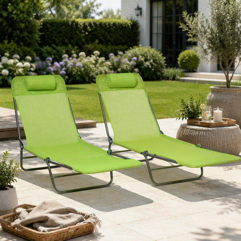 Méridiennes pliantes 2 pièces Outsunny, dossier inclinable à 6 positions, siège en filet respirant, appui-tête pour la plage, la cour, le patio